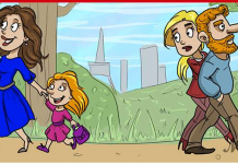 Enigma complicado: por que a mulher loira olhou para trás, para mamãe e sua filha.