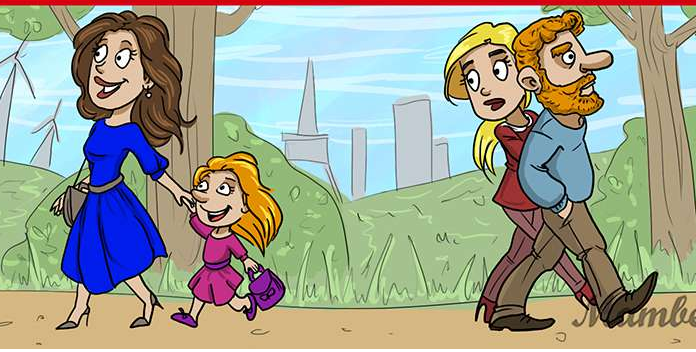 Enigma complicado: por que a mulher loira olhou para trás, para mamãe e sua filha.