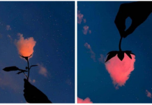 Artista usa formas em silhueta para transformar nuvens coloridas em belas cenas.