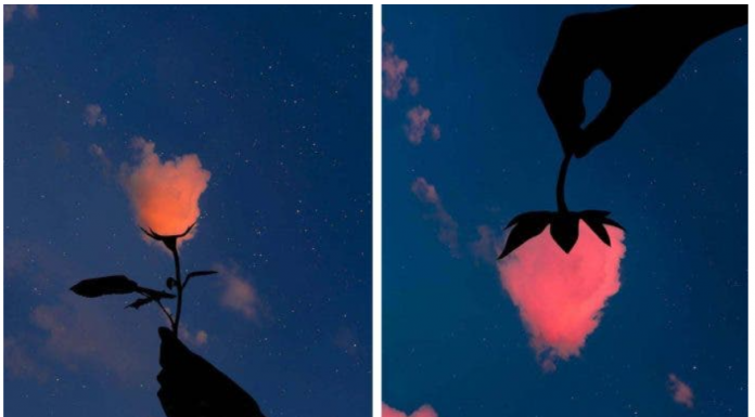 Artista usa formas em silhueta para transformar nuvens coloridas em belas cenas.