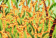 Alguém deveria dizer às girafas que há um leopardo escondido entre elas. Encontre-o!