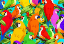 Papagaios multicoloridos não tornam isso fácil! Encontre o camaleão entre eles.