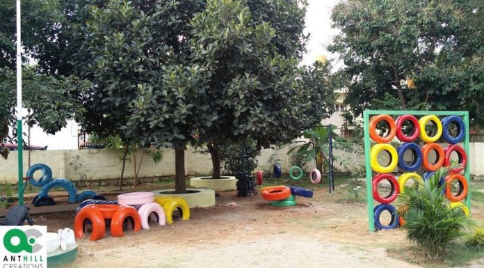Na Índia, uma mulher cria playgrounds para crianças com pneus reciclados.