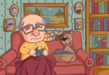 Teste visual: Notamos um vovô tricotando, mas, onde a borboleta está escondida?