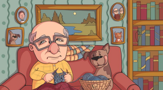 Teste visual: Notamos um vovô tricotando, mas, onde a borboleta está escondida?