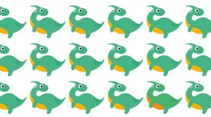 Suas habilidades estão sendo testadas! Tire um tempo para encontrar o dinossauro diferente nesta imagem.