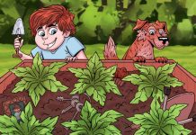 Tomás está trabalhando no jardim: encontre coisas que não pertencem à imagem