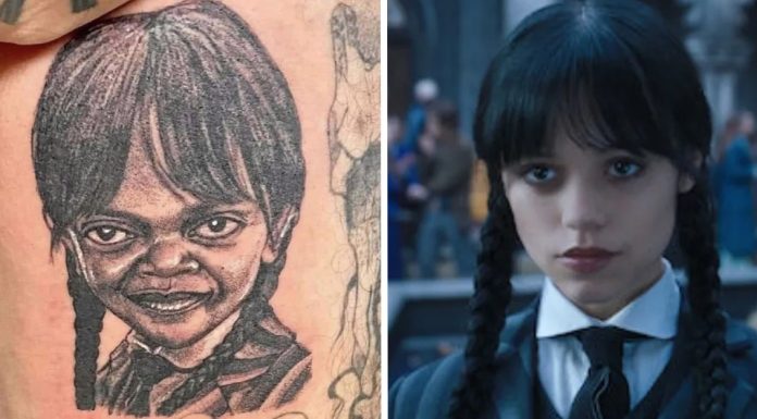 Fã faz tatuagem de Merlina e se confunde com Samuel L. Jackson: “Um desastre”